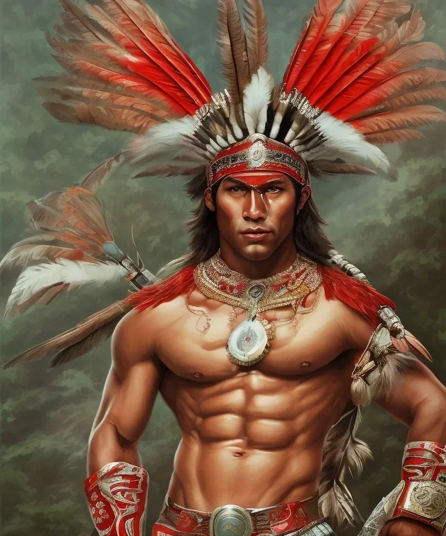 Guaicaipuro, native american god, 30 years old, Muscular warrior, red feathers headdress, shirtless, fearce look