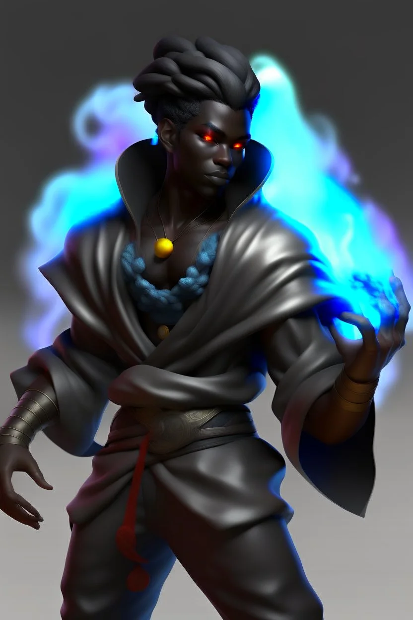 Male Air genasi fra d&d with black skin smoke some hair an Asian skin ghostly appearance with a Smokey undertone