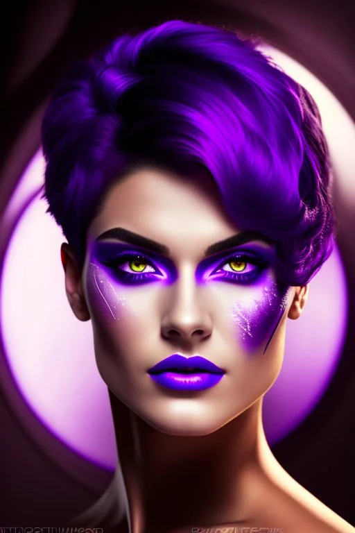 super pretty young woman,good body, big bubs, great purple eyes, black scratched make-up, intense look, purple nice lips, little smile, short purple haired, close up face, front view angle, older mistic temple background, intrincate details, high definition picture, render, master piece, no deformed body, no extra arms, no extra feets, no extra fingers.