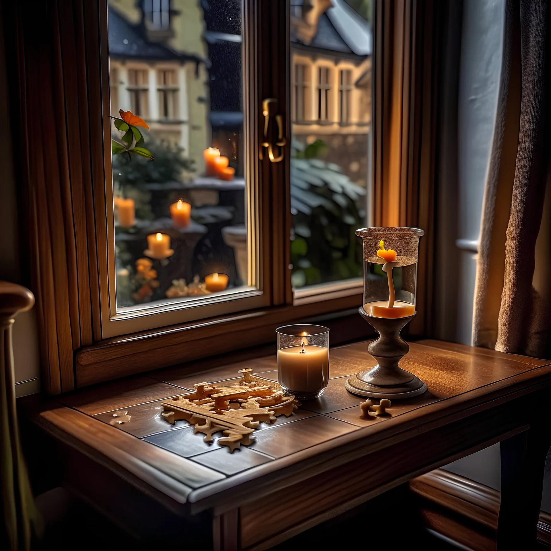 a table with a candle on it in front of a window, a jigsaw puzzle by Karl Stauffer-Bern, shutterstock contest winner, german romanticism, enchanting, whimsical, streetscape