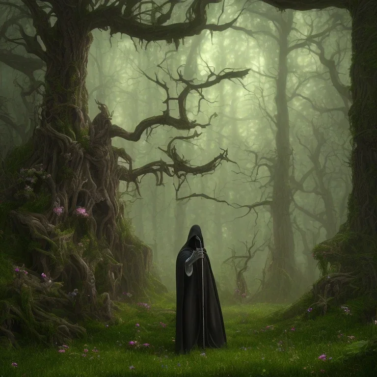 the Grim Reaper wearing black robe and hood, standing in a beautiful forest, deer, trees, flowers, 8k resolution, high-quality, fine-detail, iridescent, intricate, digital art, detailed matte, volumetric lighting, beautiful, illustration, 3D octane render, margaret weiss, brian froud, howard lyon, selina french, anna dittmann, annie stokes, lisa parker, greg rutowski,