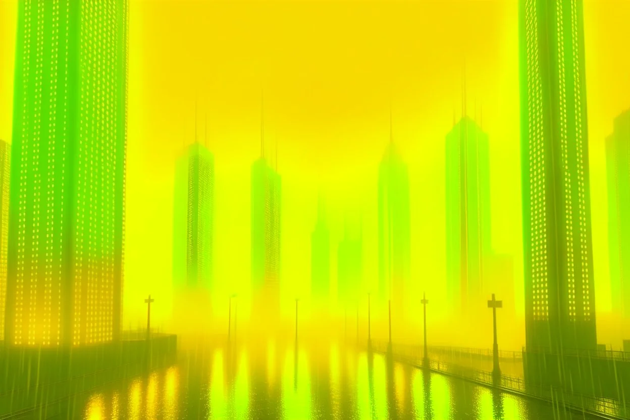 A city in the future is in the night and it's raining and it's foggy and it's bright yellow.