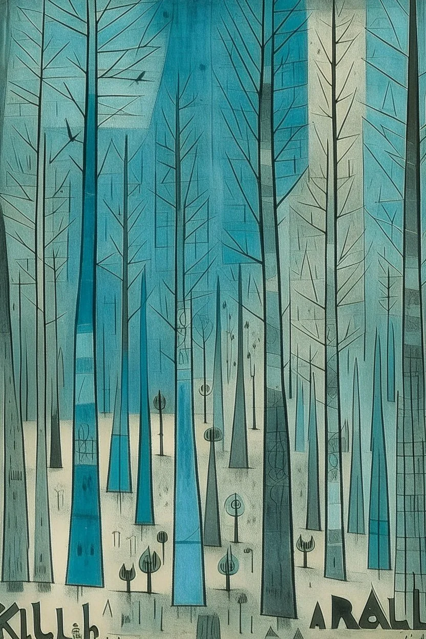 A grayish blue haunted woods with ghosts painted by Paul Klee