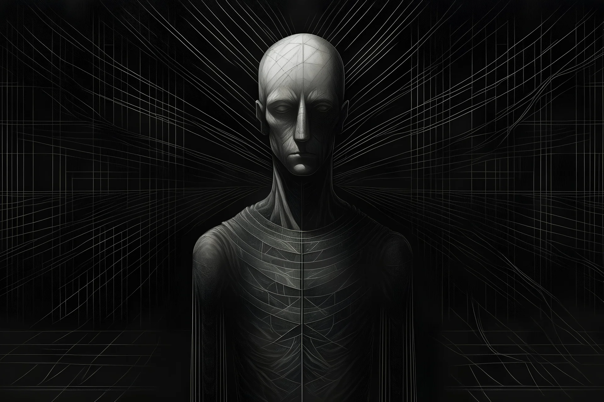 monochrome, cardboard figure on the left of the picture, stocky human figure with a head tilted to the left, almost no neck, no face or hair, schematic drawing, against a dark grey background with a symmetrical pattern, a lighter grey, almost monochrome, in moonlight, crayon drawing in shades of grey and black, ethereal, cinematic postprocessing