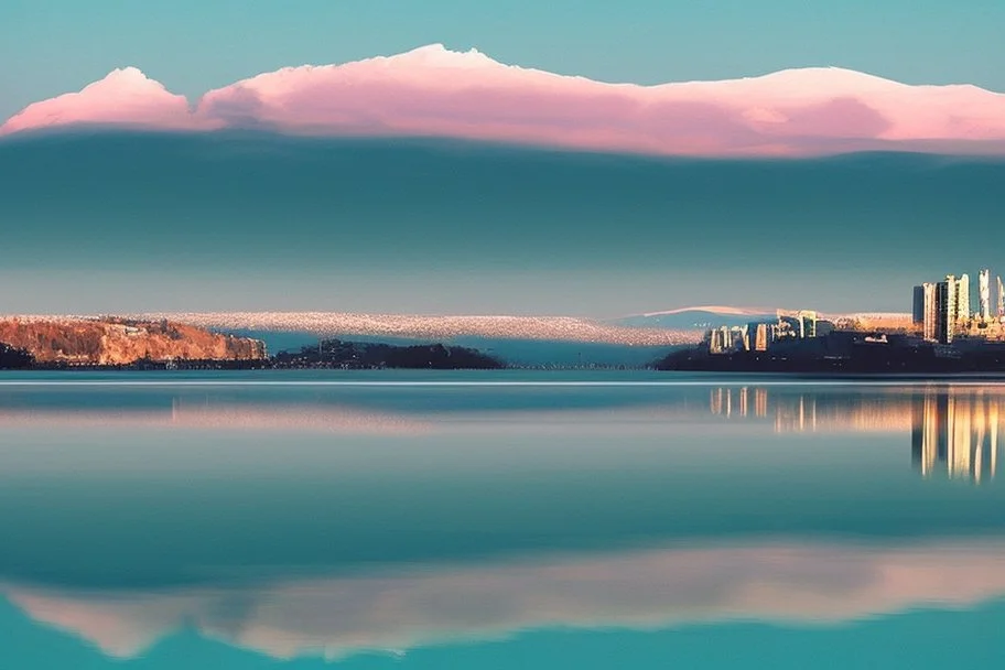 Sunny day, distant modern city, lake, lake reflections, people, mountains