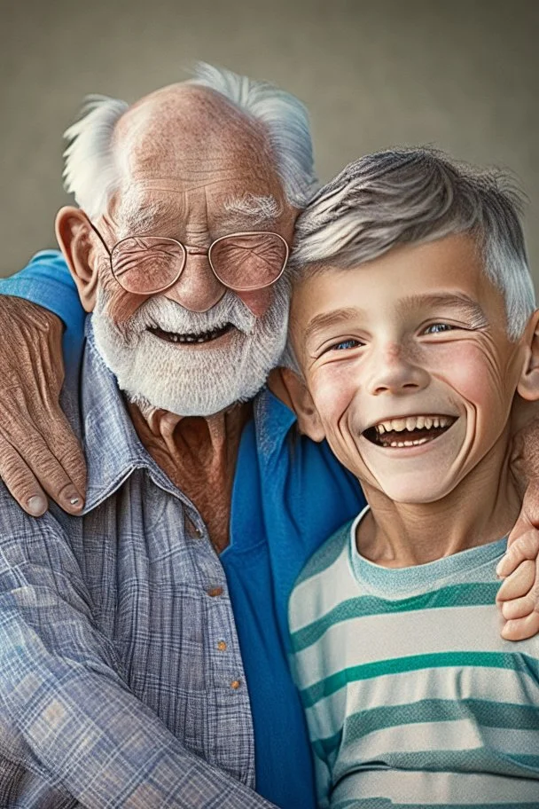 happy old man with son 9 years old boy