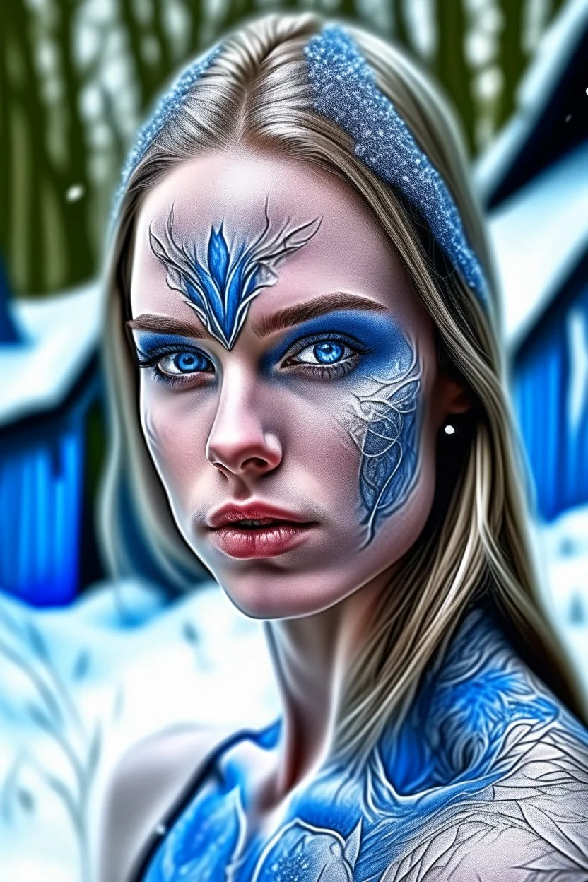 holographic simulation, beautiful xenobiotic alien man demon, scandinavian black tattoo on the body, super detailed face, blue eyes, against the backdrop of old dzherevyanny houses in the winter forest, falling snow in winter, professional photo, 4k, high resolution, high detail, close-up, octane, body art, patterns, lavender color, silver wire, artistic elven fantasy, filigree, dark botany, ultra detail, dark botany, photorealistic image