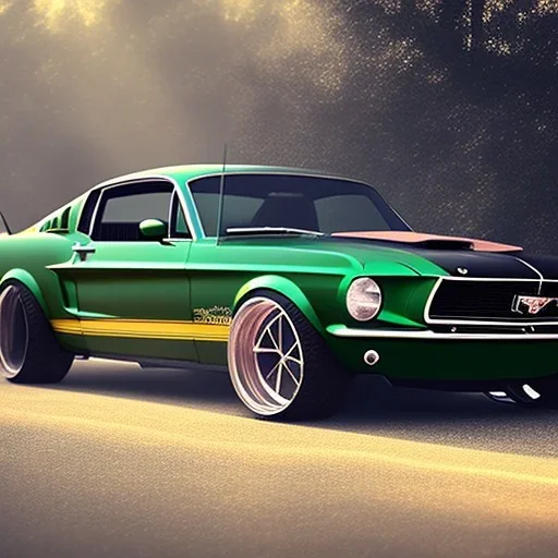 1968 gloss black ford mustang fastback in heavy fog under a bright light