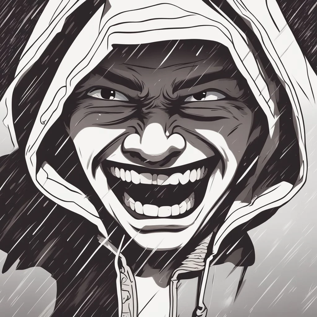 a closeup of a psychopathic young man with white eyes in a heavy coat and hood during a rainstorm laughing cartoon