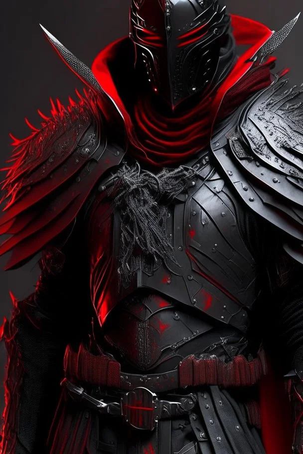 a man modern in military science fiction armor, the armor must be made of spiritual fabric, black and red. a fabric similar to that worn by men of the witch church of the past.