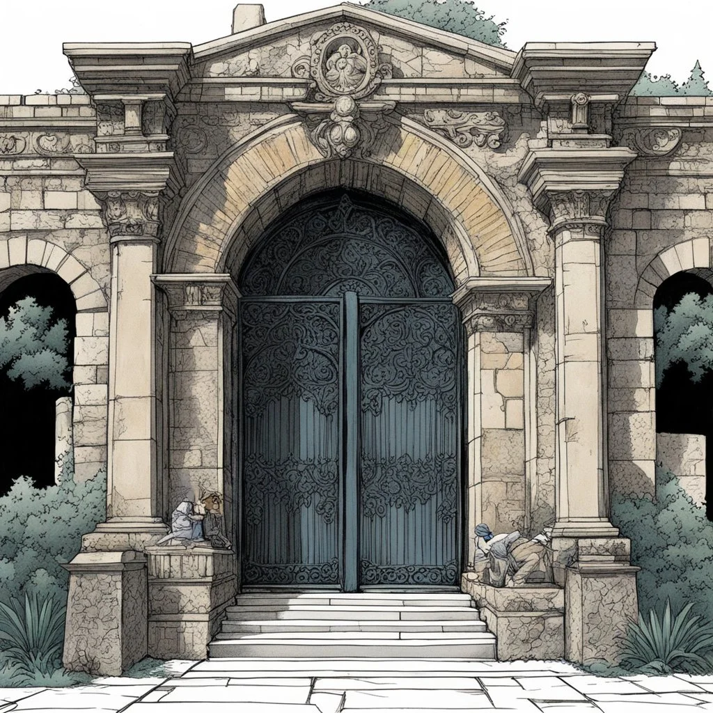 (art by underground comix artist, Charles Bukowski) The ornate gateway marks the boundary of a significant noble holding, though the weathered stonework and modest maintenance suggest a family of respectable but not exceptional wealth. The three-person security detail demonstrates the privatised nature of law enforcement beyond the capital's immediate environs – landed families maintain their own armed personnel for property protection, dispute resolution, and deterrence against banditry. These