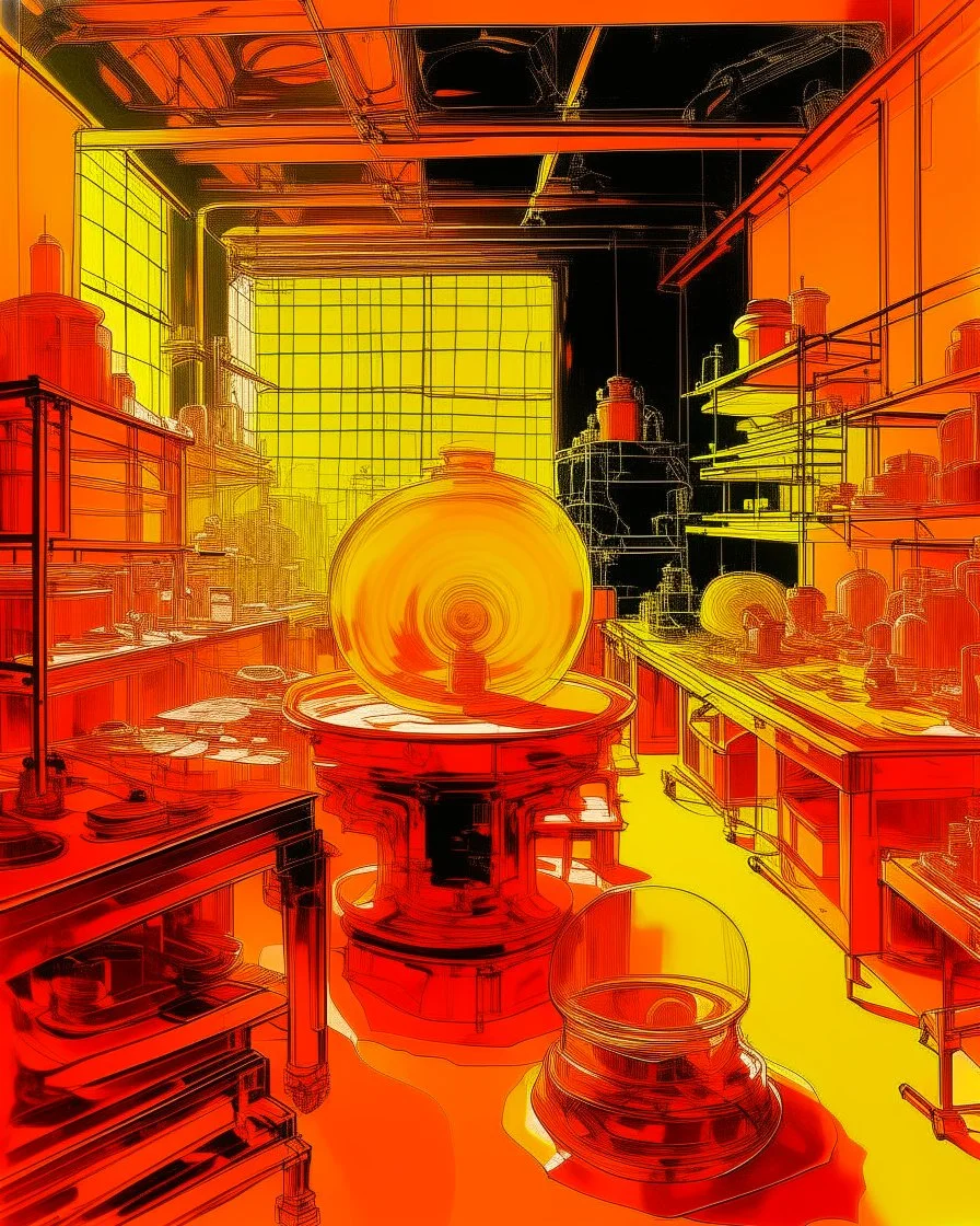 An orange colored crystal factory in a plague painted by Andy Warhol
