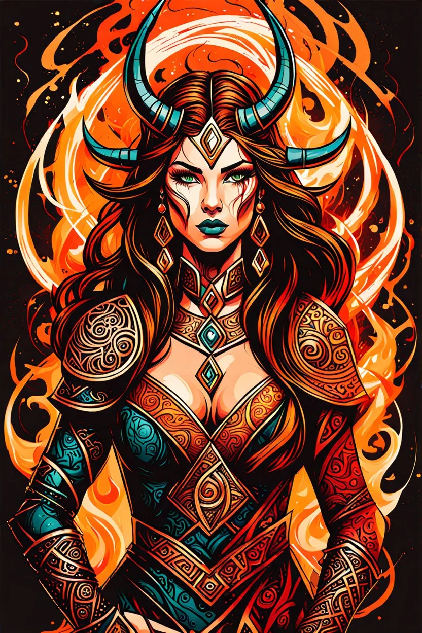 create an abstract expressionist full body illustration of a darkly magical,Viking female sorceress with highly detailed and deeply cut facial features, searing lines and forceful strokes, precisely drawn, boldly inked, with rich striking autumnal colors