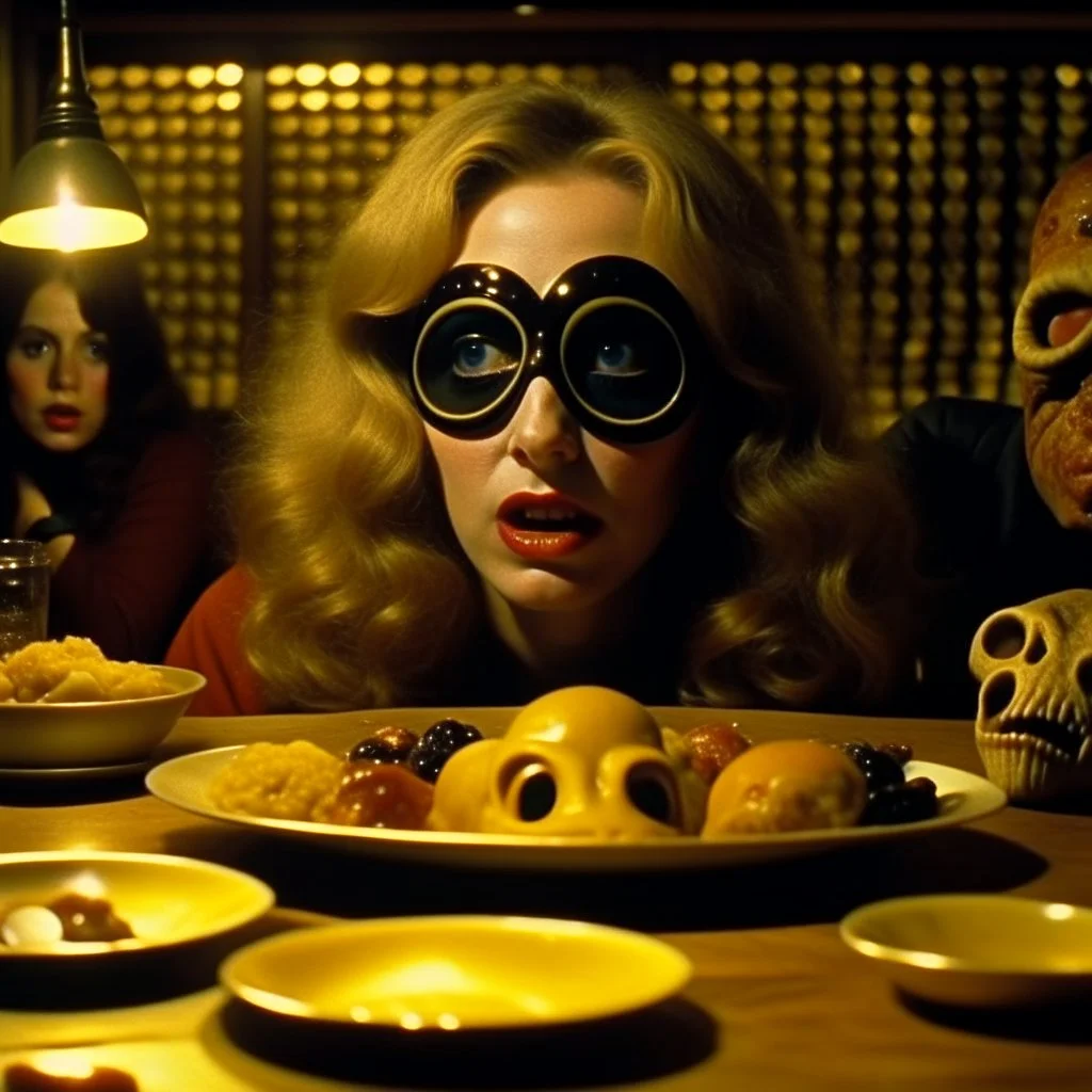 Spooky, ultra realistic distress, dining, ultra realistic hot woman, nose, giant eye on a table, organic hot bondes, dynamic, anguish, excited and lively scene, hypermaximalist figures, Creepy the Ring Alfred Hitchcock, Sam Raimi, insanely detailed, sinister, John Carpenter, Dario Argento, ornate
