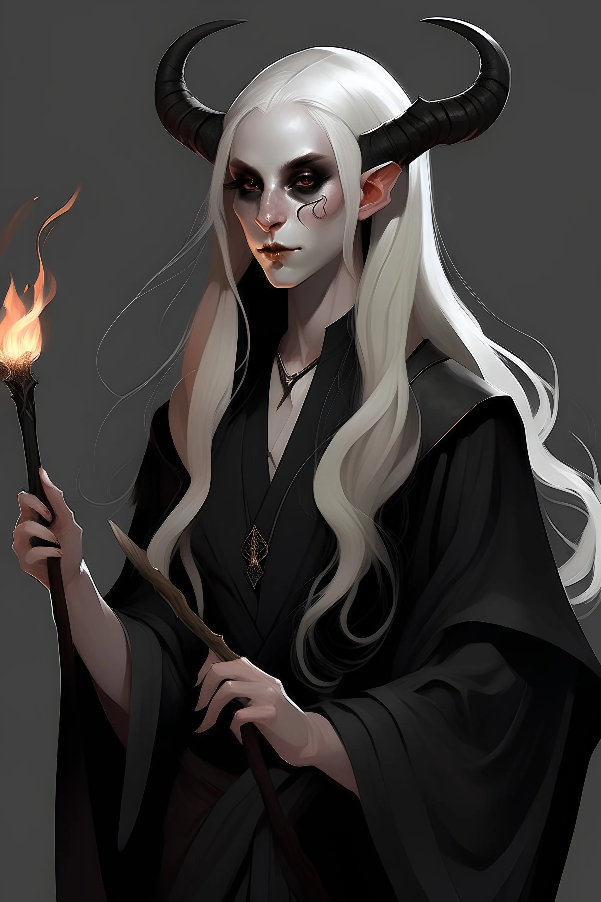 Young adult female tiefling with white long hair warlock wearing a black robe holding a staff and smoking