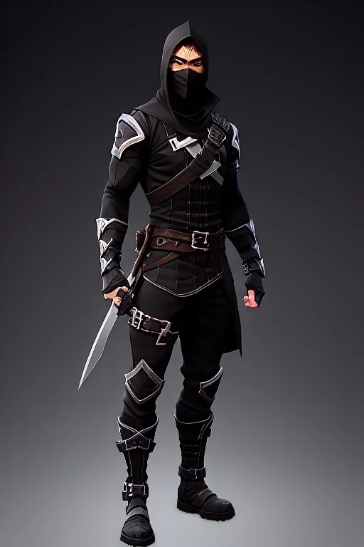 muscular ninja assassin, athletic build, wearing black and gray baggy pants with pockets, black hood and black balaclava mask, big boots, buckles, straps, daggers, dark hazel eyes, eyes are both in proportion and green, 3/4 look, standing, dark cobblestone alley, candle light behind head, intense, non photorealistic rendering in the art style of j.scott campbell