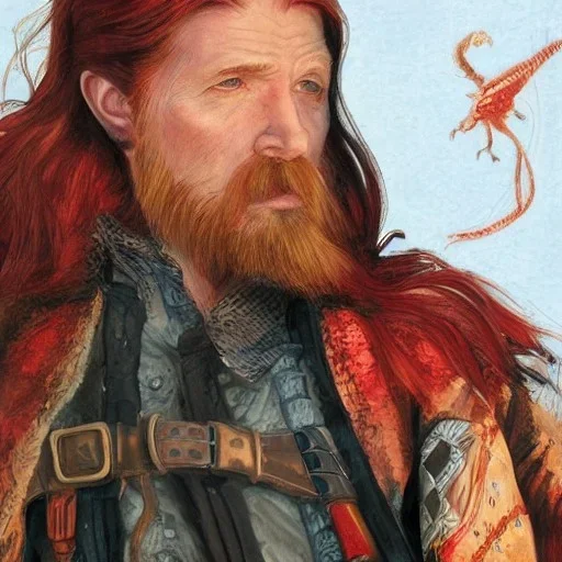 Portrait of Courtney Gains as a ruggedly handsome but joyful roguish pirate, charismatic, attractive male, masculine, perfect, precisely detailed, lightly freckled face, meticulously detailed multi-hued ginger carrot colored cherry fire red hair; Malachai of the corn; fantasy, intricate, elegant, highly detailed, digital painting, artstation, concept art, matte, sharp focus, illustration, art by artgerm and greg rutkowski and alphonse mucha