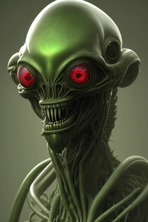 green alien, head, evil, red eyes, big silver teeth, weapons, blood, 8k, finely detailed, photo realistic, HR Giger style