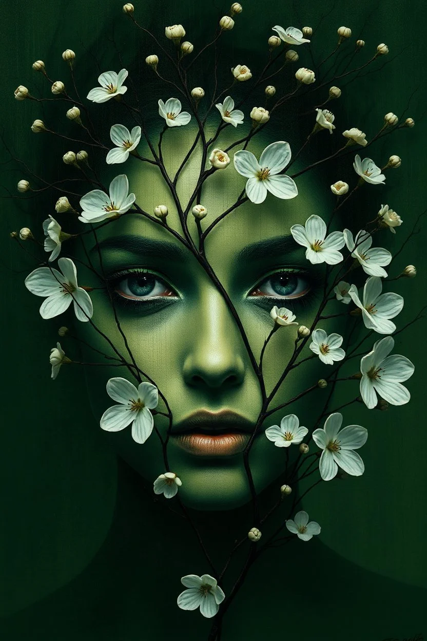 green woman face with branches and white flowers surreal and abstract