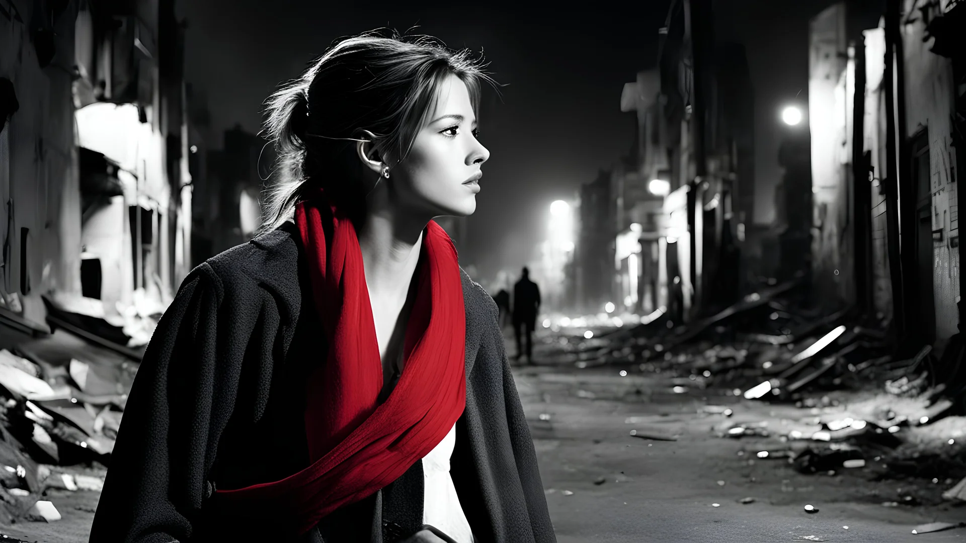 black and white with bright color details, teenage Sophie Marceau walking alone in a ruined modern city street, facing viewer, wearing a long thin red scarf blowing in the wind, hair tied in ponytail, at night, ultra-sharp,
