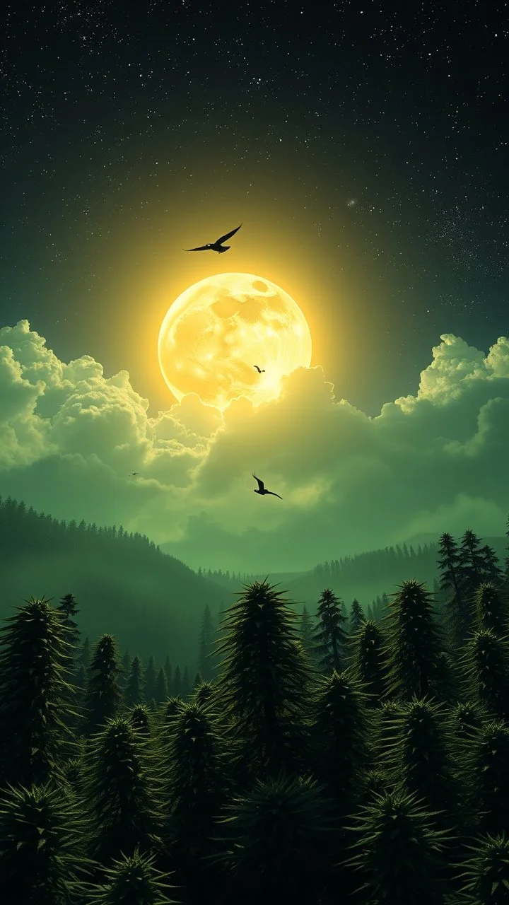 bright full moon landscape on green planet, space meteorites, stars in the night sky, fantasy plants on theof marijuana trees split toning effect, subsurface gaussian scattering, dark fantasy, dark botany, photorealistic image, ultra-details, Marijuana trees birds flying in to the sun clouds around the sun