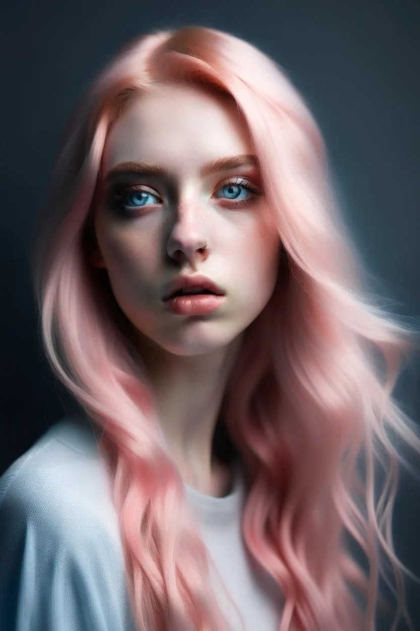 Hyper realistic model with long pastel pink hair and blue eyes