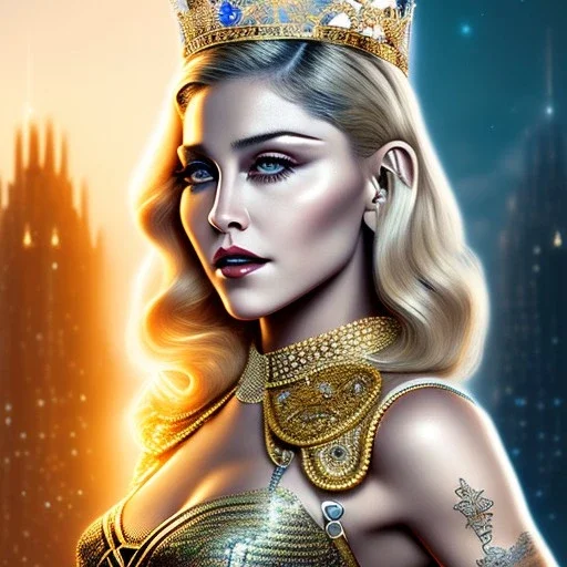 madonna, Cyborg warrior, light blonde hair, crown, pixie hairstyle, cobalt eyes, waist up portrait, 8k resolution, intricate details, ornate details, soft lighting, vibrant colors, masterpiece, intricate eyeliner, dark eyeshadow, eyes, intricate tattoos, futuristic cityscape background