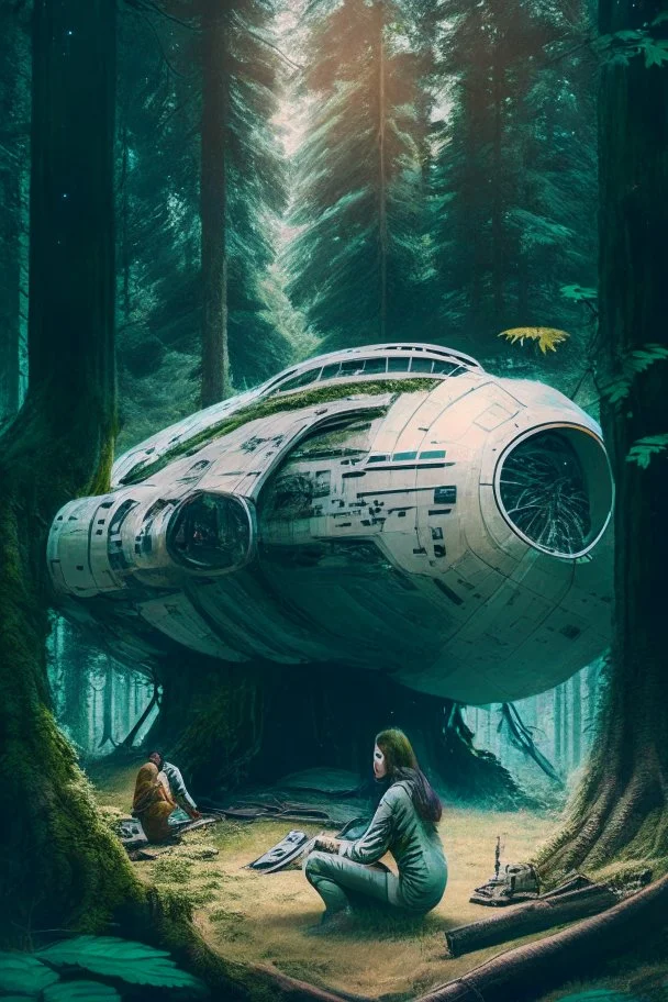 spaceship in a forest clearing with a woman kneeling under it fixing something