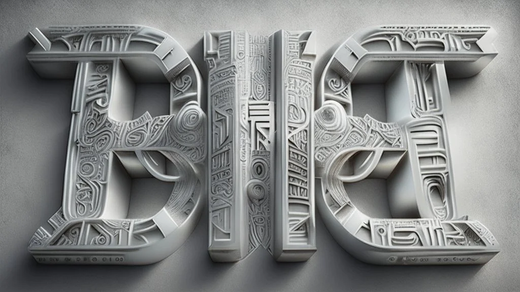 futuristic, realistic, techno, mayan lettering on milky white metal