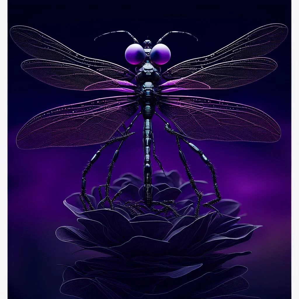 close up portrait from a robotic biomechanical dragonfly with tiny neon lights perches on a biomechanical flower, set against a backdrop of a blurred tiny made metallic crescent moon in a dark purple-black sky. perfect dragonfly body, Both the dragonfly and flower are silhouetted against a pale crescent moon. The overall tone is dark, distopic, dreamlike imagery atmosphere, ethereal silver abstractions, background quantum wavetracing, pale World Wide Web pale thin threads patterns, sci-fi moo