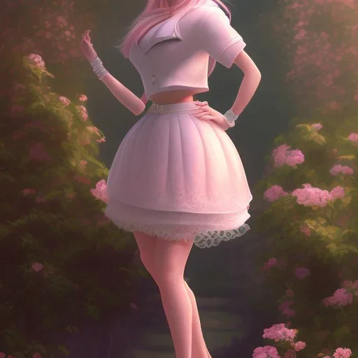 A very cute girl full body,wearing a skirt,with blonde hair with a fade of light pink