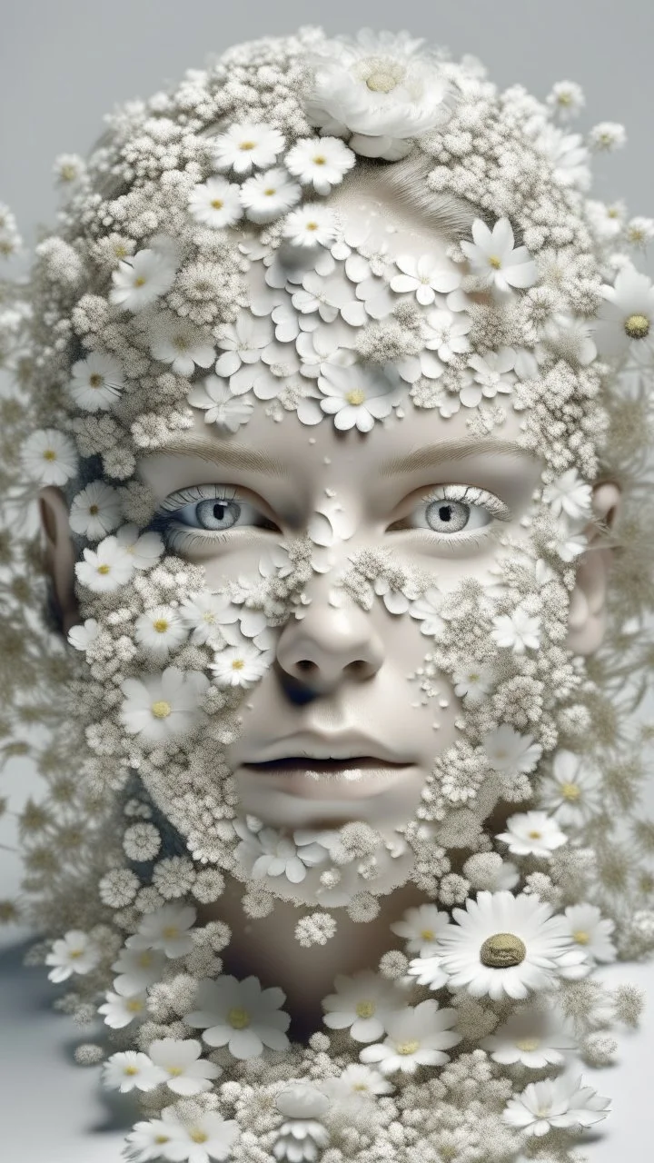 A beautiful face of a woman made out of many smal white flowers