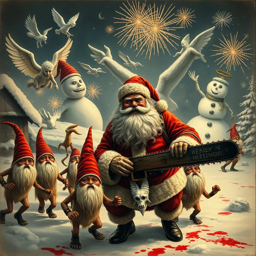 there is no kebabs at christmas, evil Santa, evil naked gnomes running around, staring flaming eyes, evil naked Rudolf, very big evil melting angry Frosty the snowman in background, 1940 christmas postcard, blood stains, Flying angels, Santa holding a chainsaw, fireworks, Tim burton style