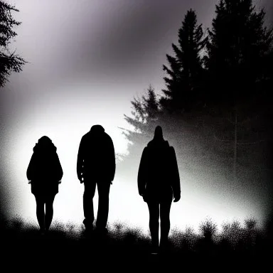 three figures, silhouettes, dark, foggy weather, night, forest, black, horror, art, evil, dark effect, trees, more trees, deep forest,