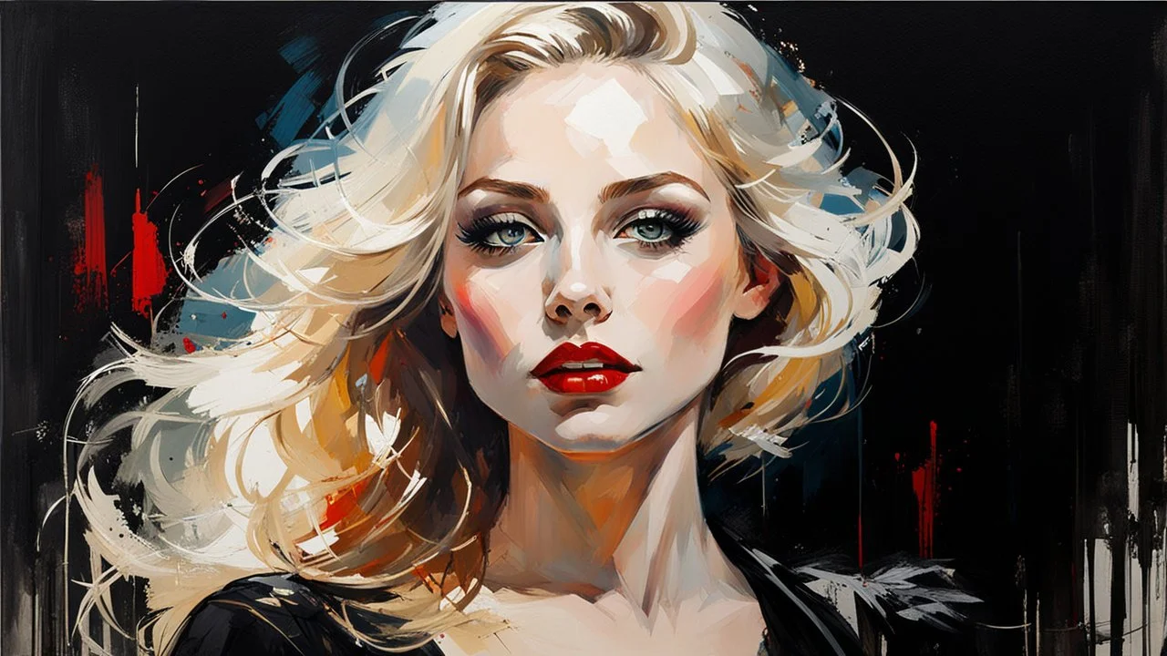 Blonde Pale Thin well endowed Scandinavian Woman 24yo, Big Eyes, red lipstick, Long Eyelashes And Eye Shadow smiling, wearing a black dress, femme fatale :: by Robert McGinnis + Jeremy Mann + Carne Griffiths + Leonid Afremov, black canvas, clear outlining, detailed