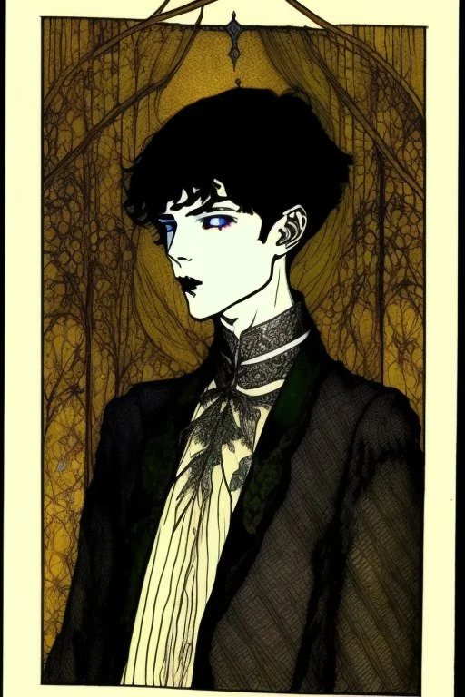 17 year old boy, pig-like facial features, dressed in noble clothes, friendly, with upturned nose, fanged lower jaw , in the style of Harry Clarke