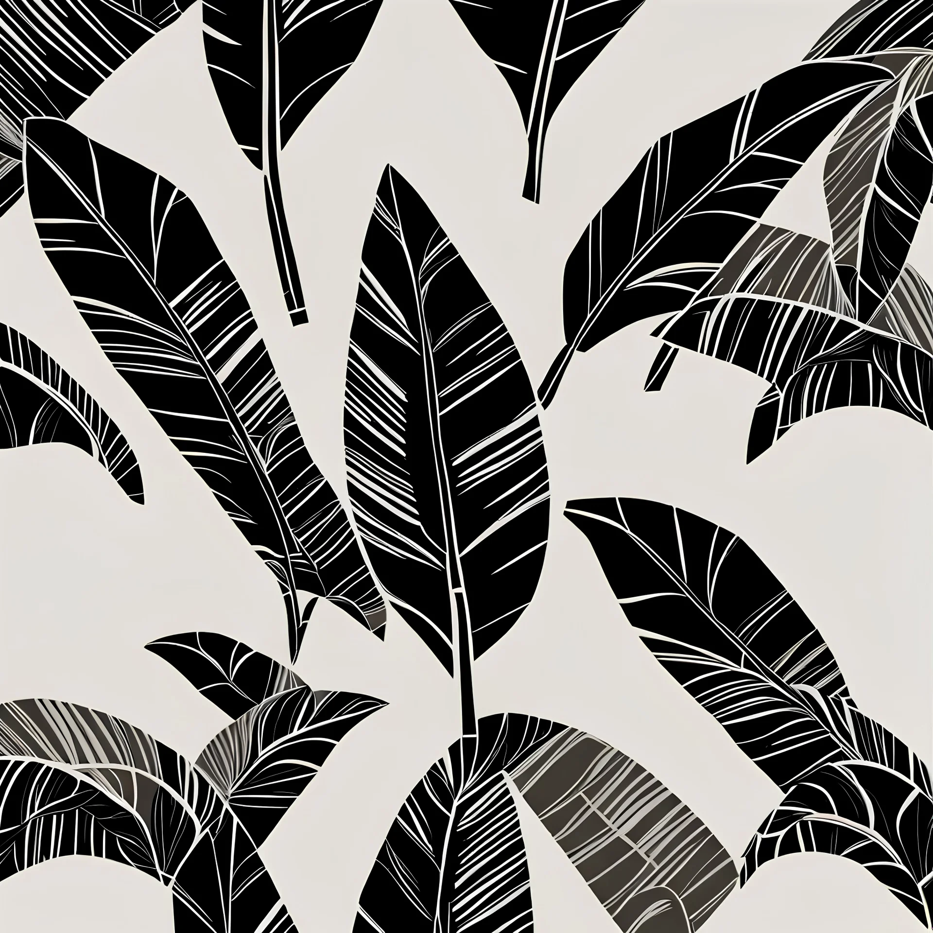 black lines, transparent background, banana leafs wallpaper pattern , vector lines, same lineweight.