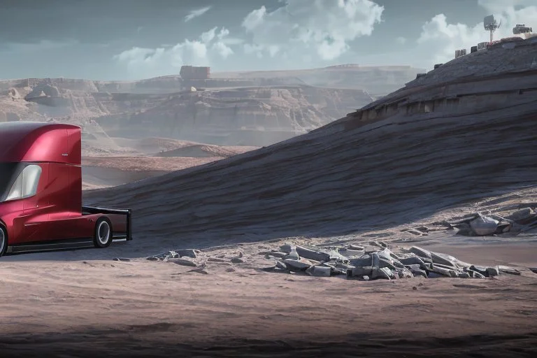 A Tesla 'Semi' (semi truck) is parked, within the trench of the Death Star. (CINEMATIC, WIDE ANGLE LENS, PHOTO REAL)