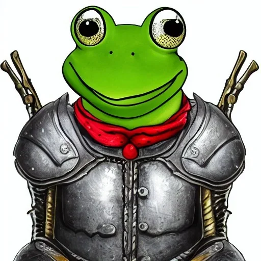 Portrait of a frog in a fantasy world sitting on a throne upright while wearing a suit of armor.