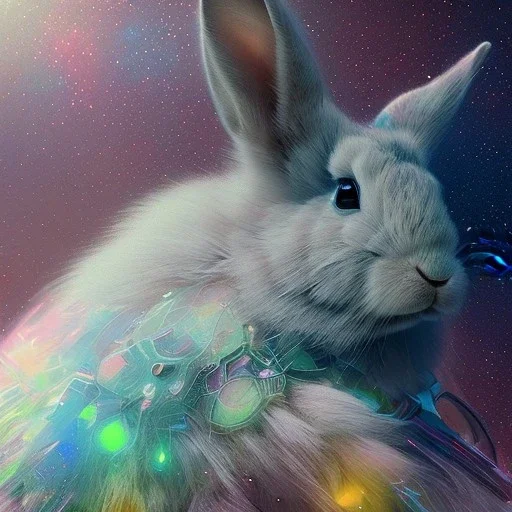 A portrait of a crystalised rabbit big good drawled hands, atmospheric, realistic, unreal engine cosmic galactic, cinematic lighting, octane render, yellow blue colors, transparent, cosmic ambiance, masterpiece, art by Yoji Shinkawa, composing fit inside