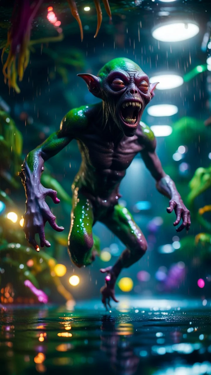 alien orc illithid gremlin diving in water slide in the middle of crazy dance moves dancing on buss parked in dark lit reflective wet jungle hall tunnel,bokeh like f/0.8, tilt-shift lens 8k, high detail, smooth render, down-light, unreal engine, prize winning