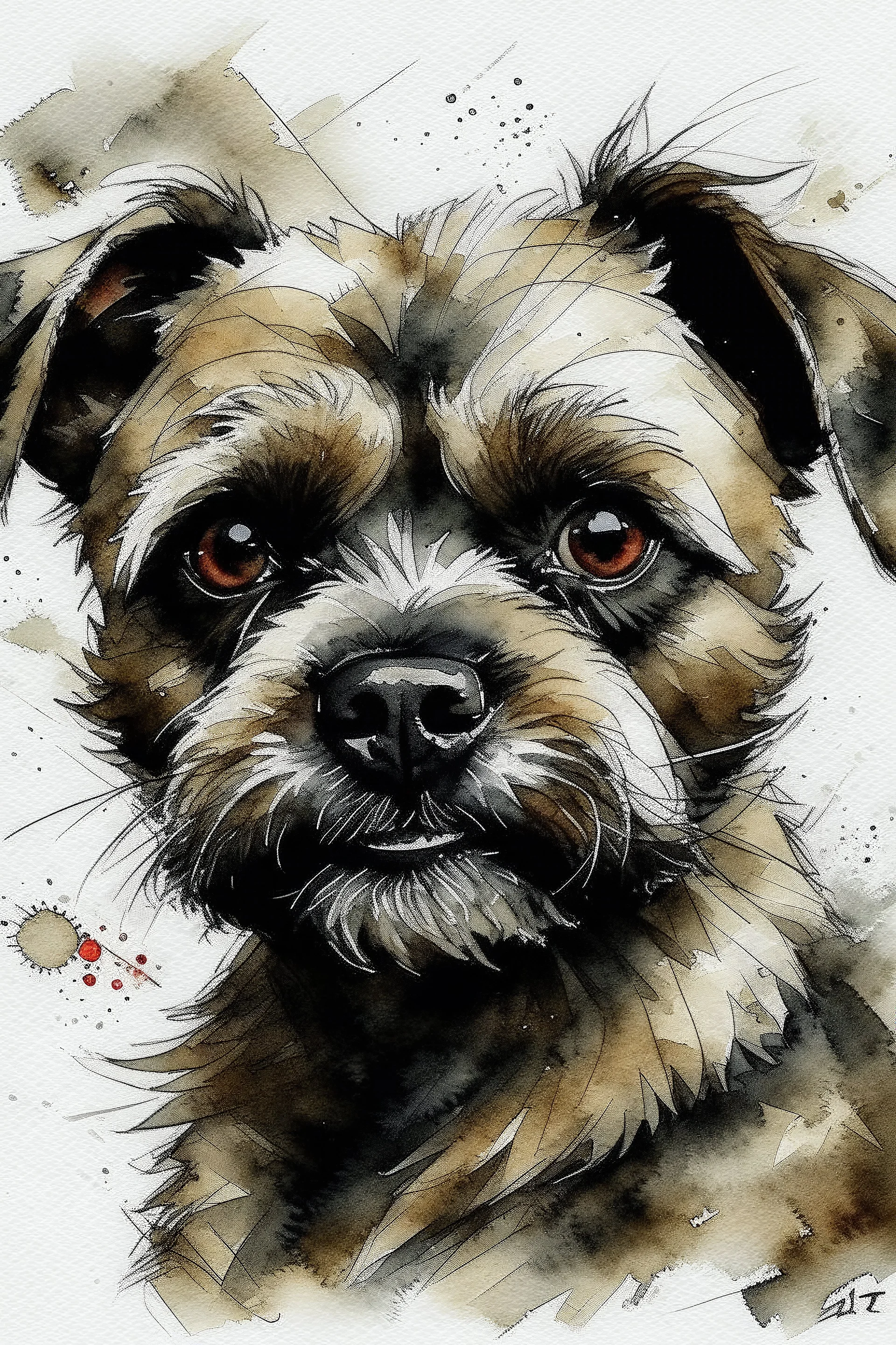 Watercolor Portrait of a border terrier in the style of Yoji Shinkawa, Guy Denning, Florian Nicolle, Willem haenraets.
