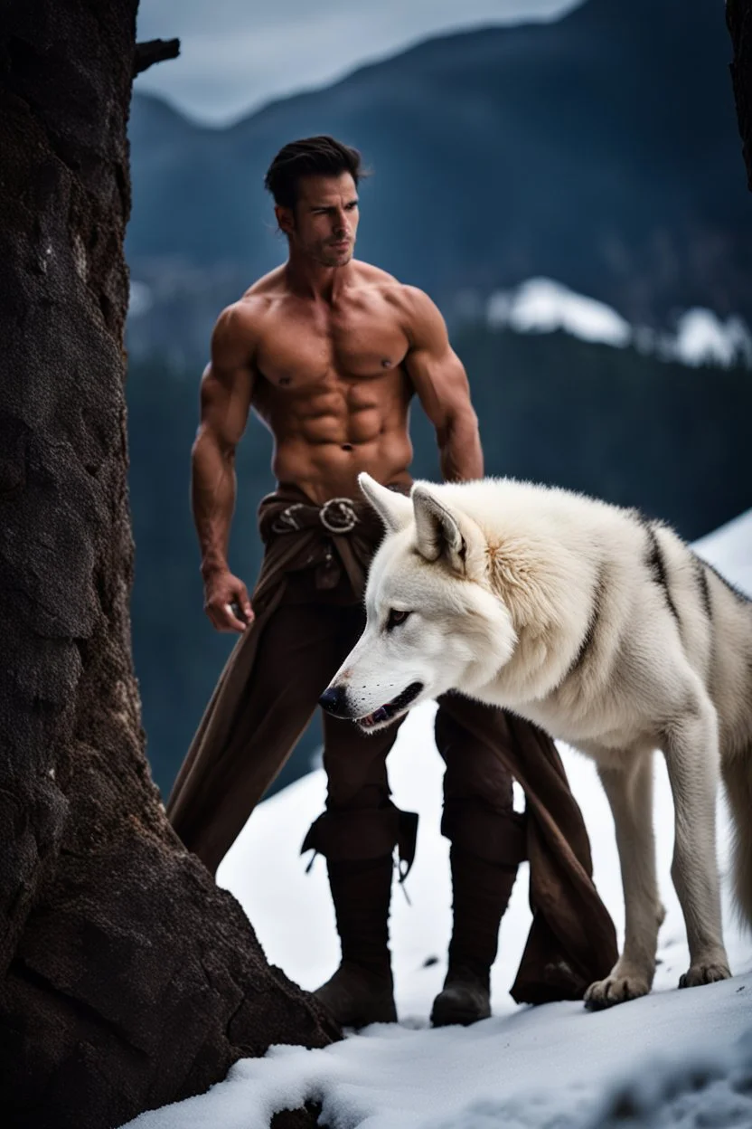 Handsome and muscular 30 year old shirtless mountain man standing next to a white wolf, dark fantasy, snow capped mountains