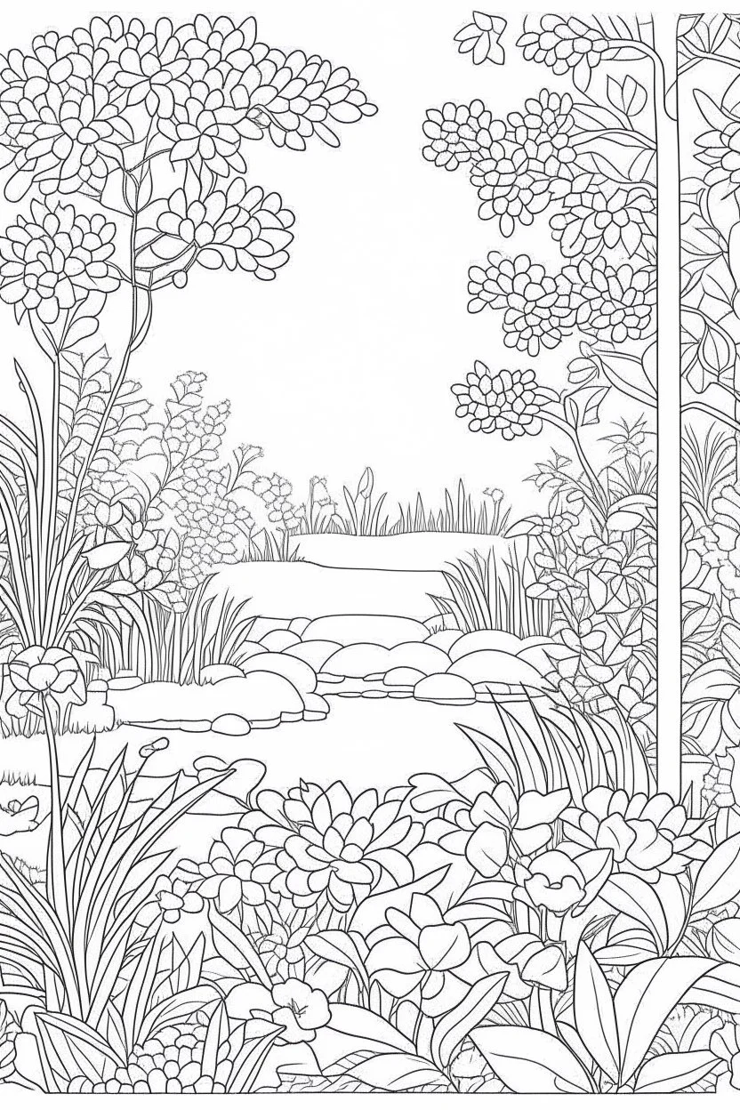 coloring page, nature, relaxing, "Secret Garden Oasis: Unveil the beauty of a hidden garden with blooming flower." full view, realistic, coloring page, only draw lines, coloring book, clean line art, –no sketch, color, –ar 3:4, white background, minimalistic black lines, minimal black color, low level black colors, coloring page, avoid thick black colors, thin black line art, avoid colors, perfect shape, perfect clear lines,