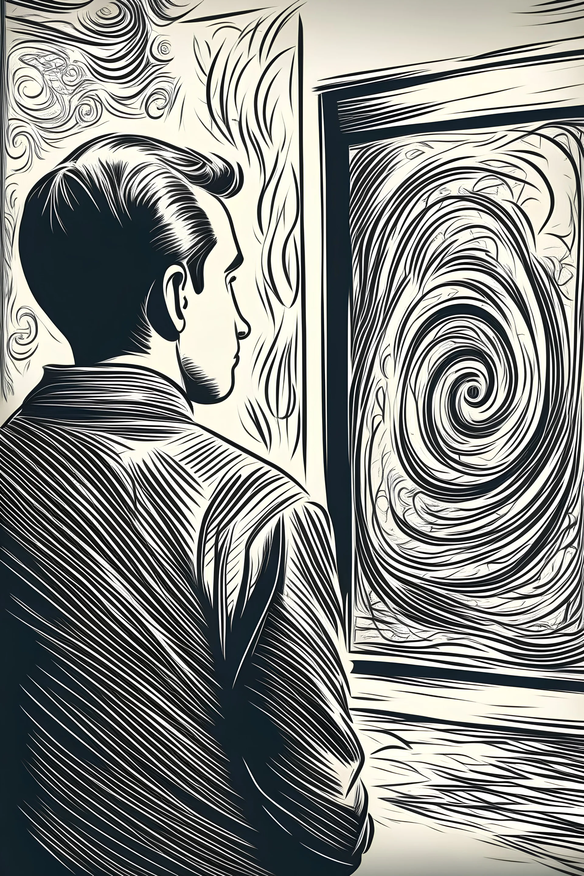 person watching a poster 60s art drawing style