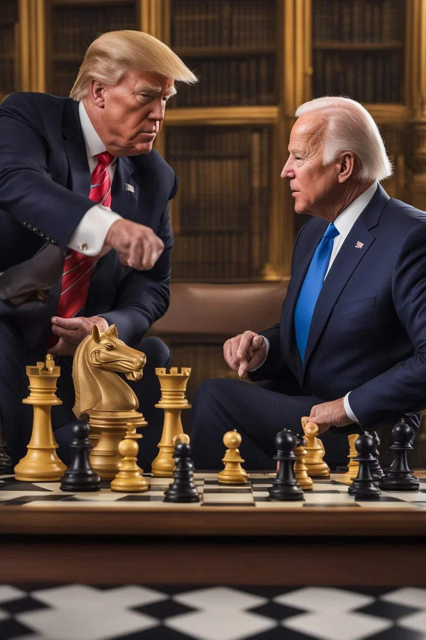 A hyper-realistic photo, Joe Biden and Trump in a game of chess, the pieces on the board representing their contrasting visions for the future., 64K, hyperrealistic, vivid colors, (glow effects:1.2) , 4K ultra detail, , real photo