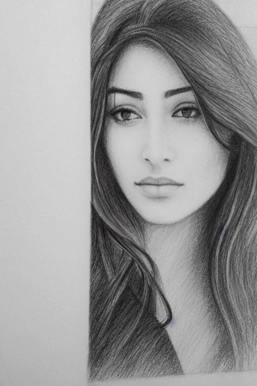 Pencil sketch of Young woman look through the window , Arab features,sad, long wavy hair, full body، on lined paper