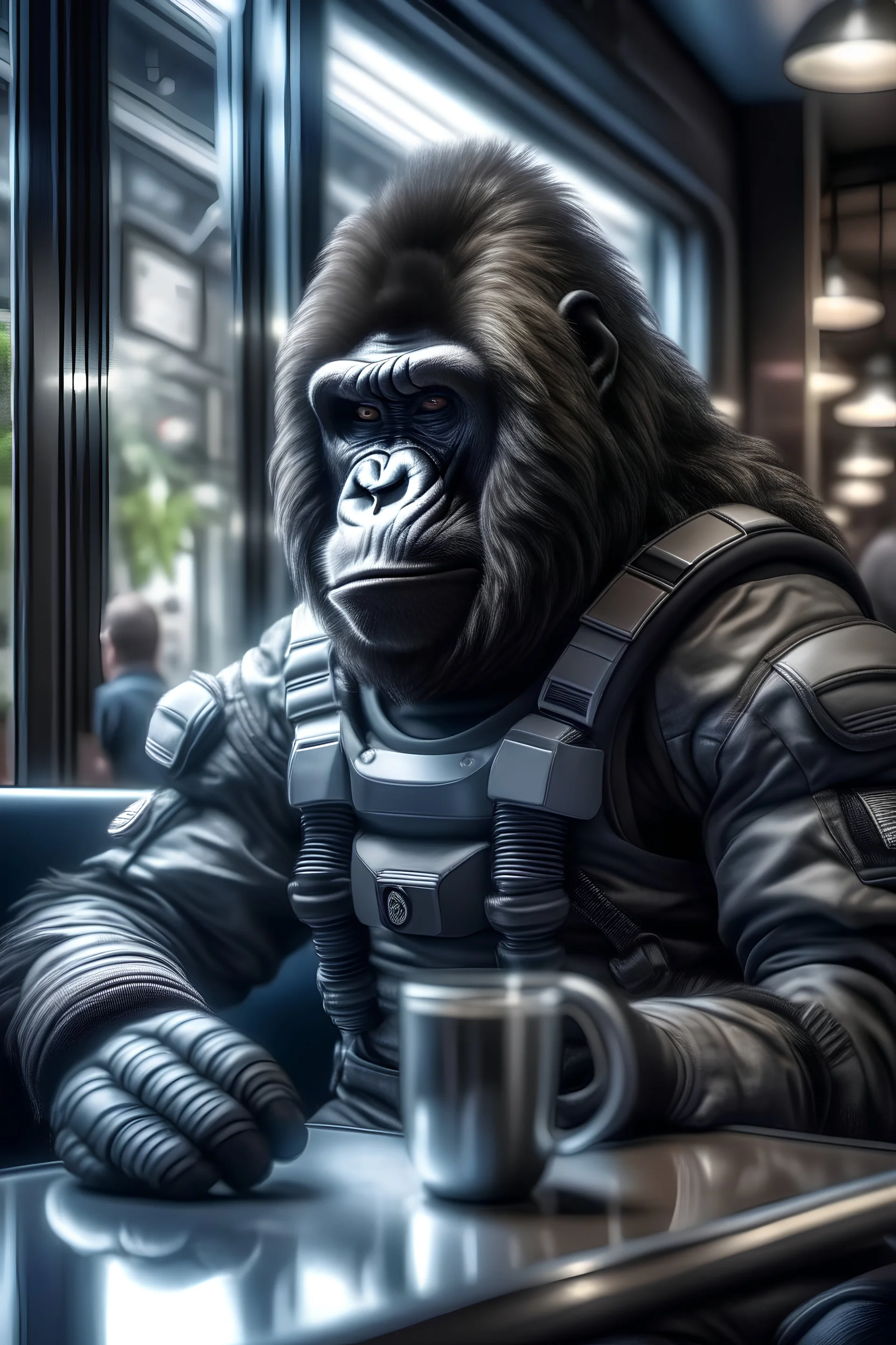 Space suit gorilla with glass helmet sitting at a cafe, he, realistic, textured fur, hdr, photoshop, photography, 4k, 16k, leica, fujifilm