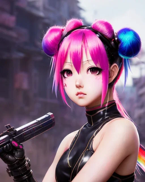 Detailed cute anime Kunoichi girl, rainbow hair buns, rainbow bangs, black latex bodysuit, intricate details, full body portrait, keep head in frame, slight smile, black Japanese motif, concept art, highly detailed, digital painting, concept art, sharp focus, illustration, art by Yoji Shinkawa, WLOP and greg rutkowski and alphonse mucha and artgerm and yanjun Chen and Junji ito and Makoto Shinkai, HDR, octane render