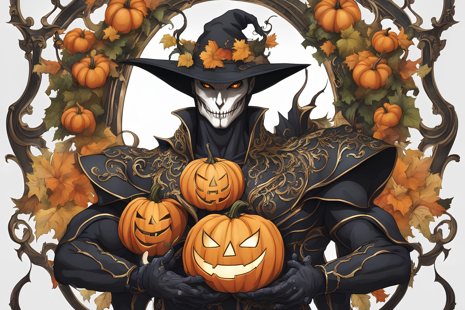 Monarch venom with pumpkin head in anime artstyle, halloween them, close picture, fantasy world, intricate details, highly detailed, high details, detailed portrait, masterpiece,ultra detailed, ultra quality